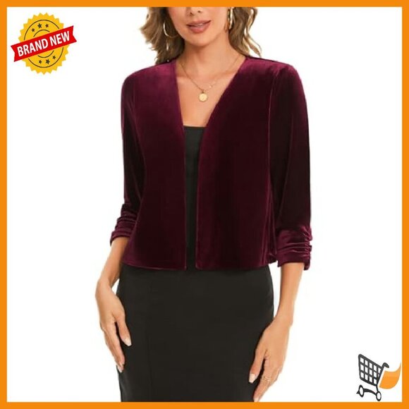 Velvet Cropped Cardigan Shrug 3/4 Sleeve Open Front Ruched Cocktail Party - Picture 3 of 8